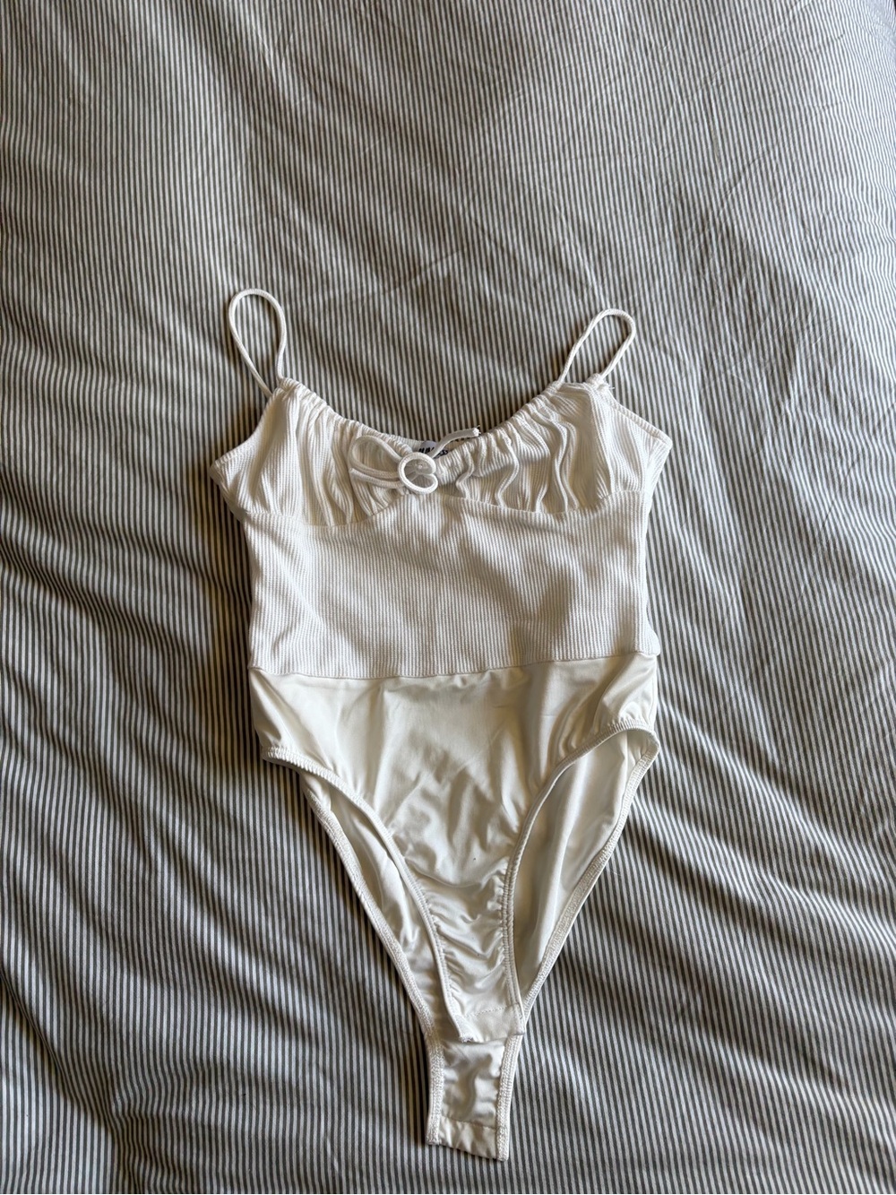 Princess Polly Cream Ribbed-Top One-Piece Bodysuit